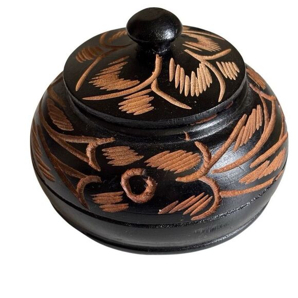 No Brand Other - Haitana Hand-Carved Round Wooden Turned Trinket Box With Lid Stained